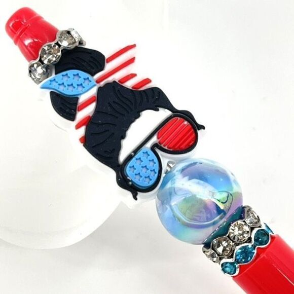 Rockabilly patriotic USA mom handmade pen NEW beads rhinestone bling red white c - Picture 4 of 5